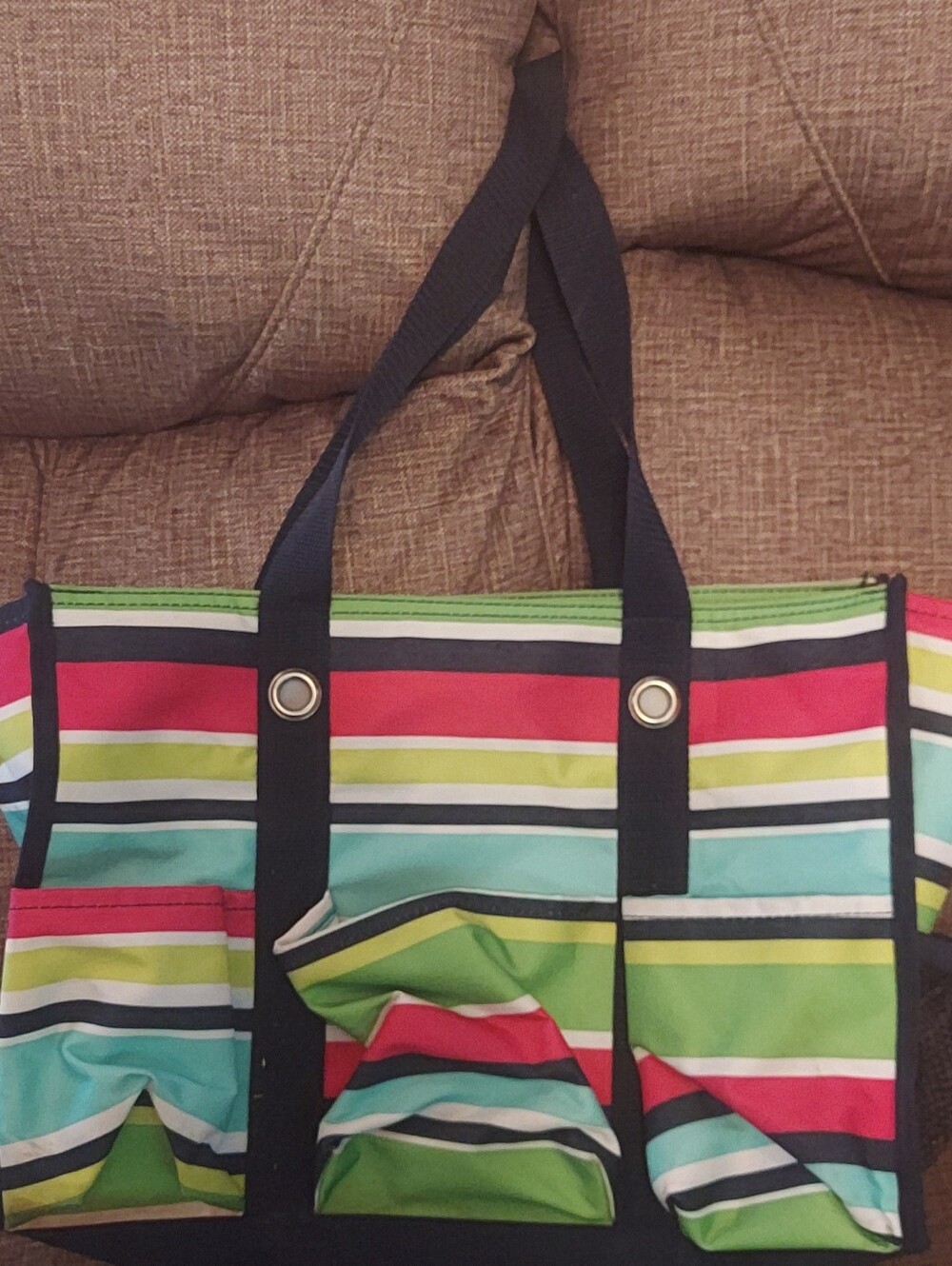 Thirty-one Striped Tote in Green, Teal, Pink and Black
